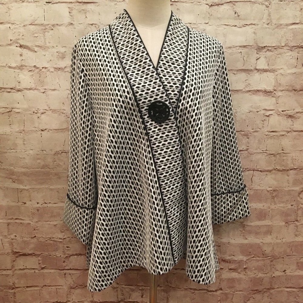 IC Collection Connie K Womens Black White Print A- Line Swing Jacket Size Large